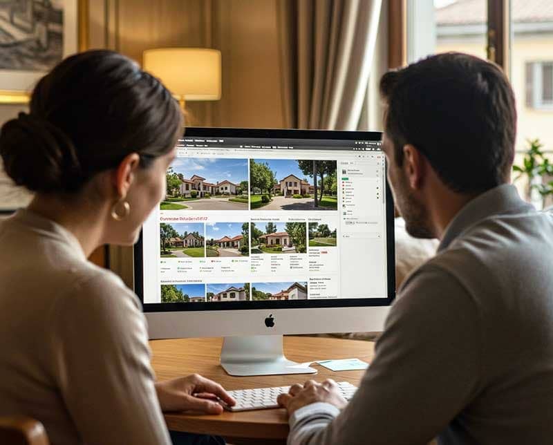 Quale casa cercano gli italiani? Immagine di persone che guardano il monitor del desktop, alla ricerca di una nuova casa