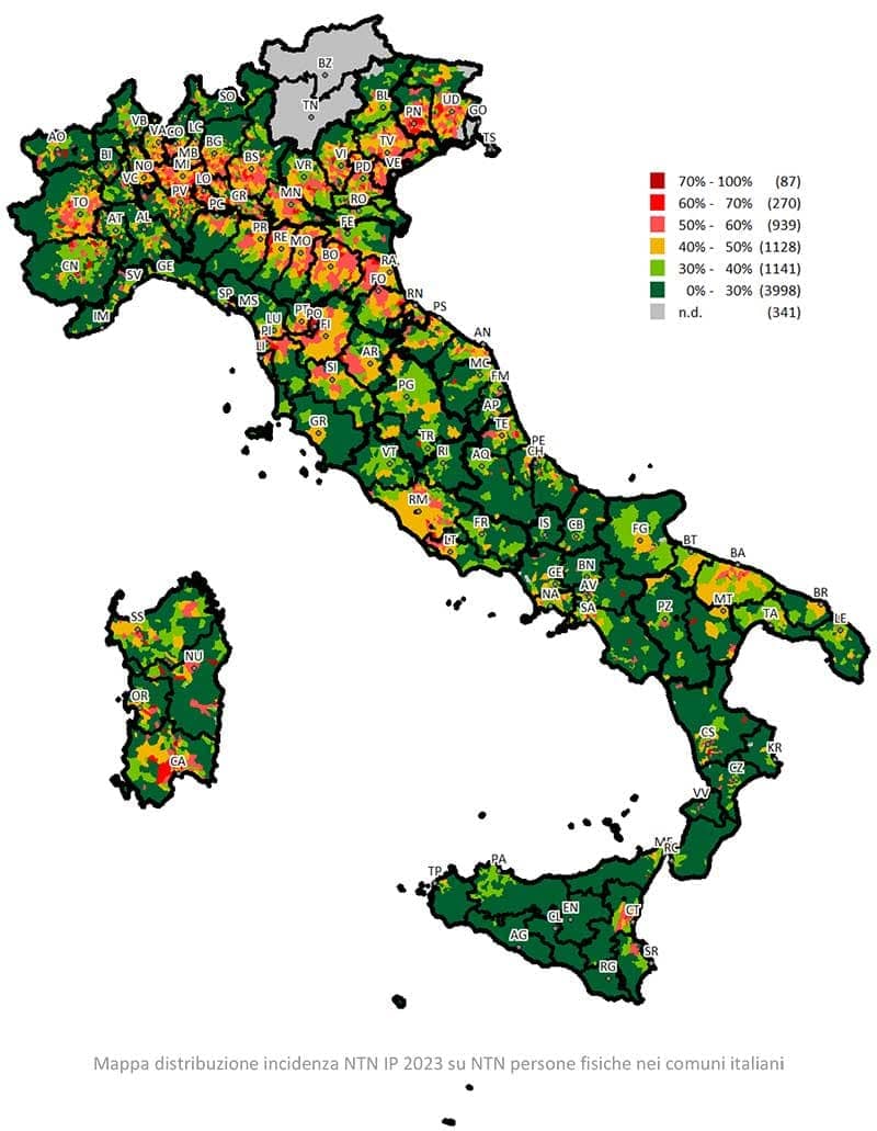 Immagine in pianta dell'Italia, con la mappa distribuzione dell'incidenza NTN IP 2023 su NTN persone fisiche nei comuni italiani