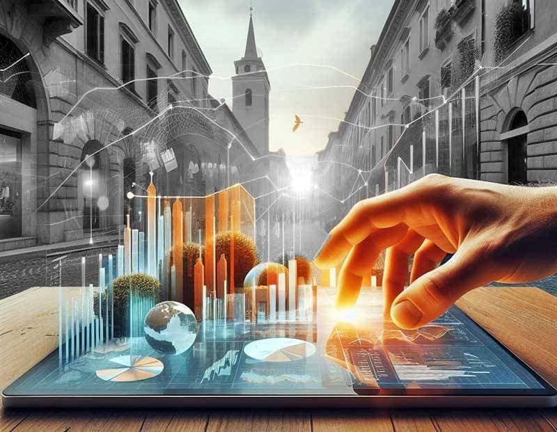 Immagine di una strada di una città italiana, con sullo sfonfo grafici e dati, per l'articolo sull'andamento delle locazioni residenziali nel IV trimestre 2023