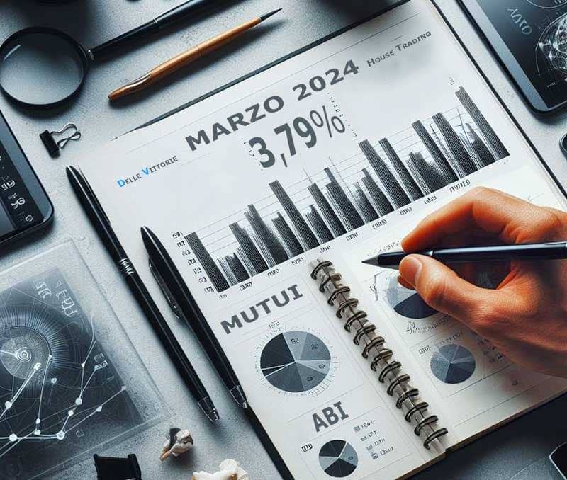 Immagine della mano di un analista di DELLE VITTORIE House Trading, che esamina sulla sua scrivania il dato relativo al tasso medio (3,79%) sulle nuove operazioni per l’acquisto di abitazioni a marzo 2024