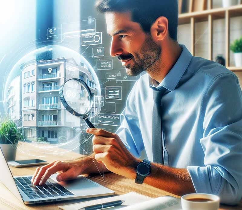 Immagine di un analista di DELLE VITTORIE House Trading, che esamina sulla sua scrivania il dato relativo alle ricerche di case nei Comuni italiani e ai relativi prezzi di vendita