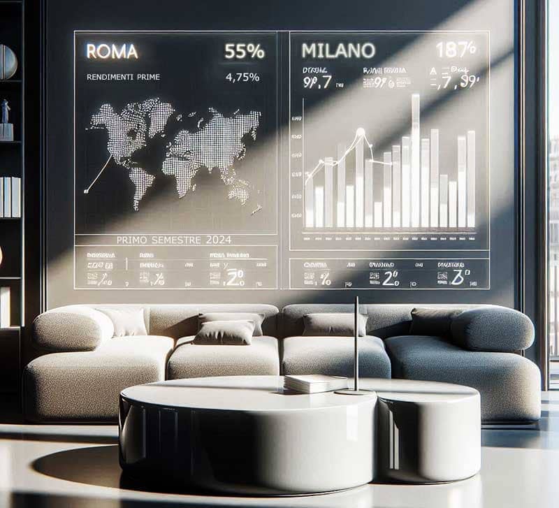 Immagine della parete di un ufficio, con rappresentati i dati e grafici relativi all'analisi del mercato immobiliare degli uffici in Italia nel primo semestre 2024